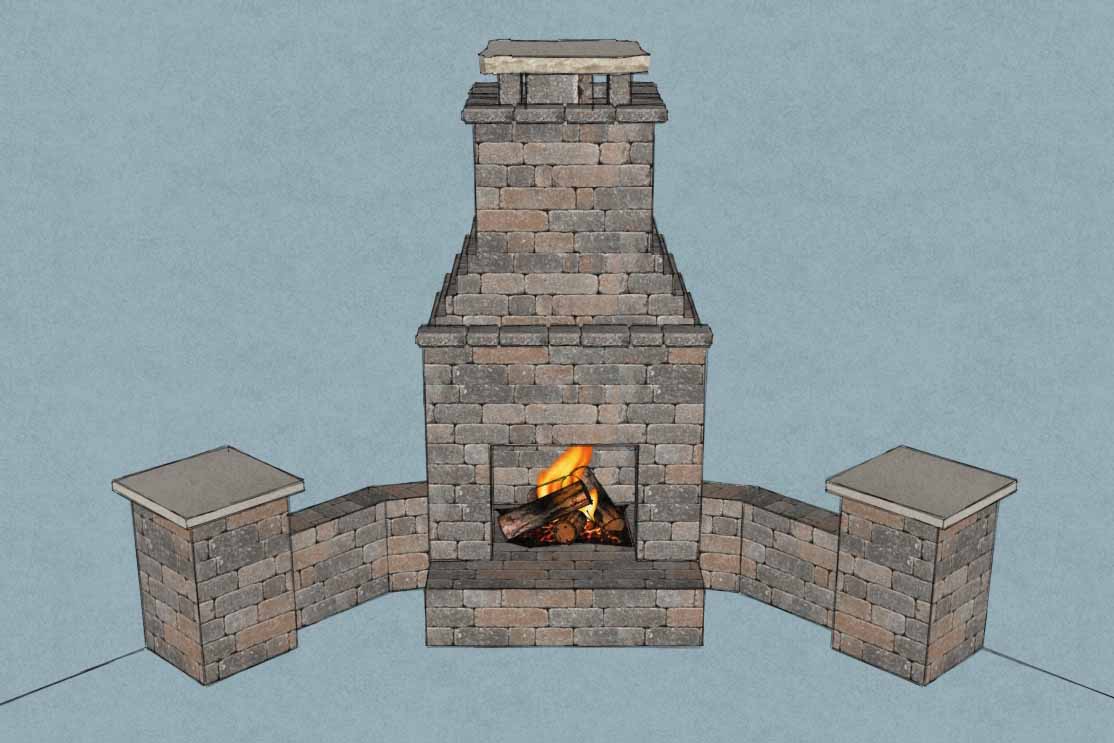 Outdoor fireplace built in a 45 corner